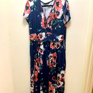 XL Navy with Pink Flowers Silky Maxi Dress.